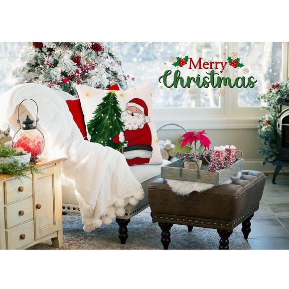 NWT- Set of 4- Holiday Snowman & Santa & Red Christmas Linen Pillow Covers 18x18 - Picture 3 of 9